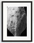 Black and white art print of a seed, titled ‘Luna’, presented in a black frame.