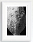 Black and white art print of a seed, titled ‘Luna’, presented in a white frame.