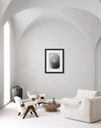 Black and white art print of a baby snail shell, titled ‘Whorl’, presented in a black frame.