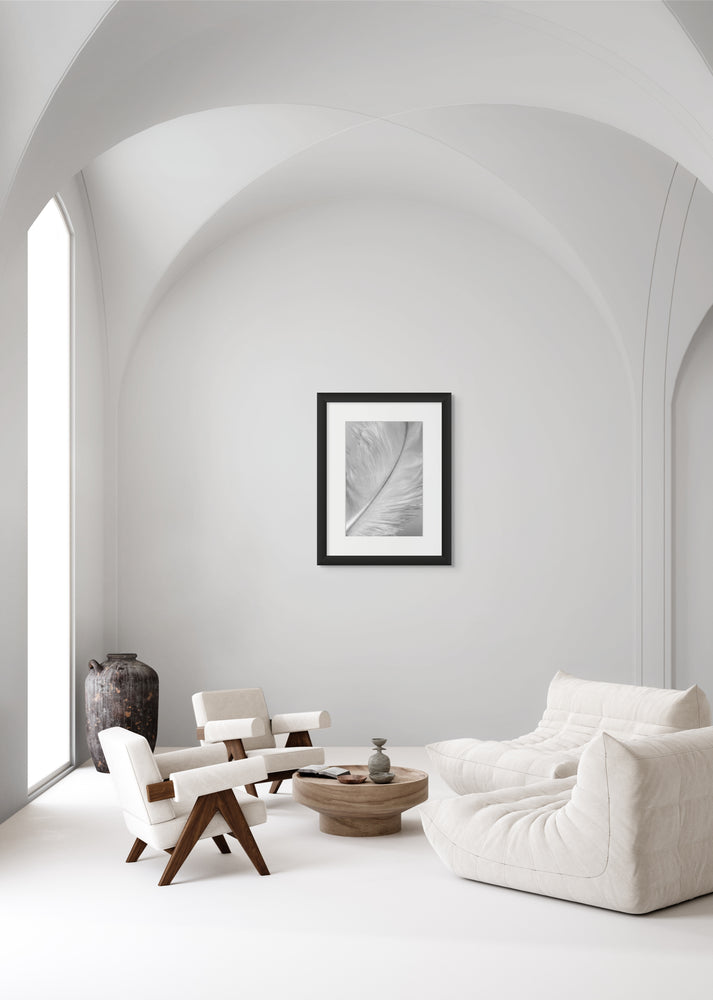 Framed white feather hanging on an all-white wall in a modern living space.